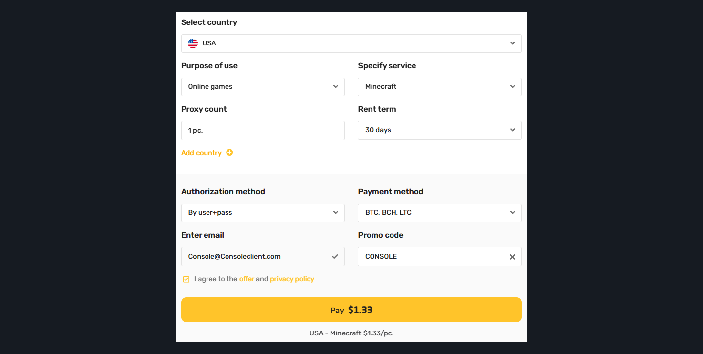 The Geonix order form set up for Minecraft, with the promo code filled in.
