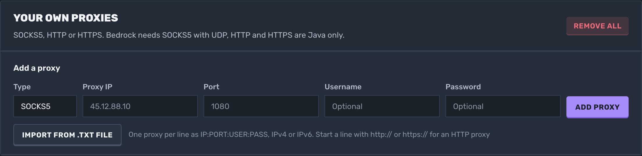 Your own proxies on the Proxies page, with the type, IP, port, username and password fields.